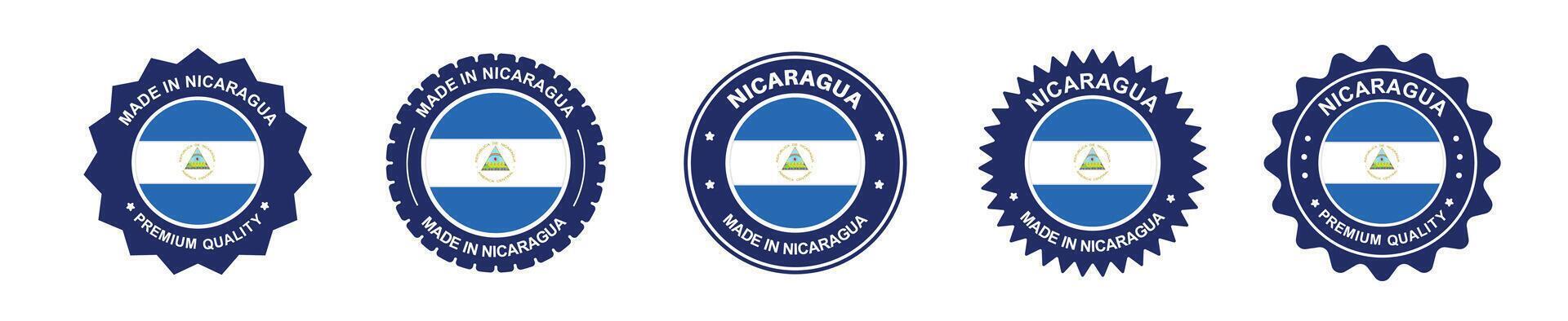 nicaragua product label set. nicaragua flag, premium made in new nicaragua . Labels, seals, stamps, flags, icons vector
