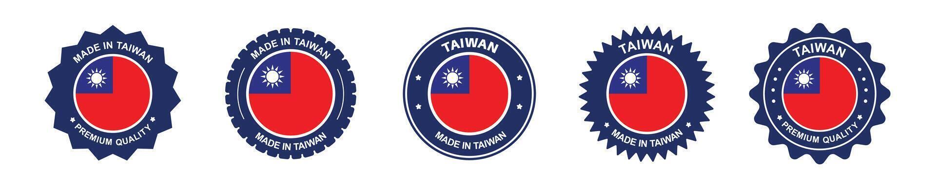 Taiwan product label set. Taiwan flag, premium made in Taiwan. Labels, seals, stamps, flags, icons vector