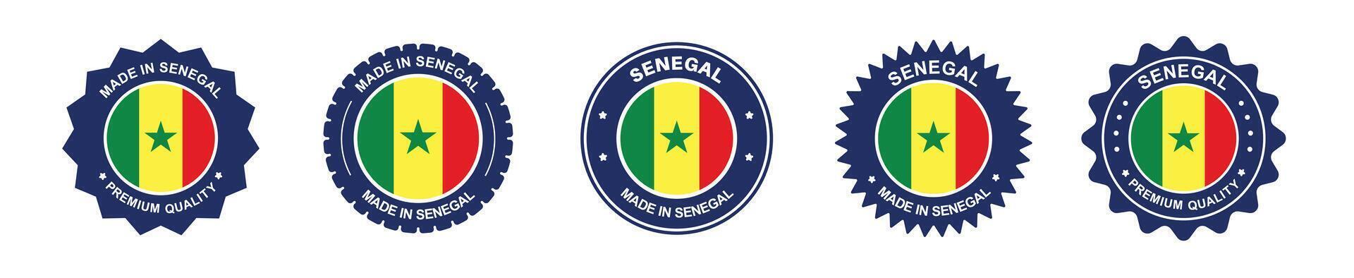 Senegal product label set. Senegal flag, premium made in Senegal. Labels, seals, stamps, flags, icons vector