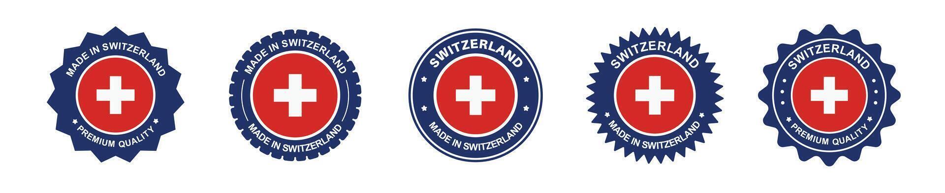 switzerland product labels set. switzerland flag, premium made in switzerland . Labels, seals, stamps, flags, icons vector
