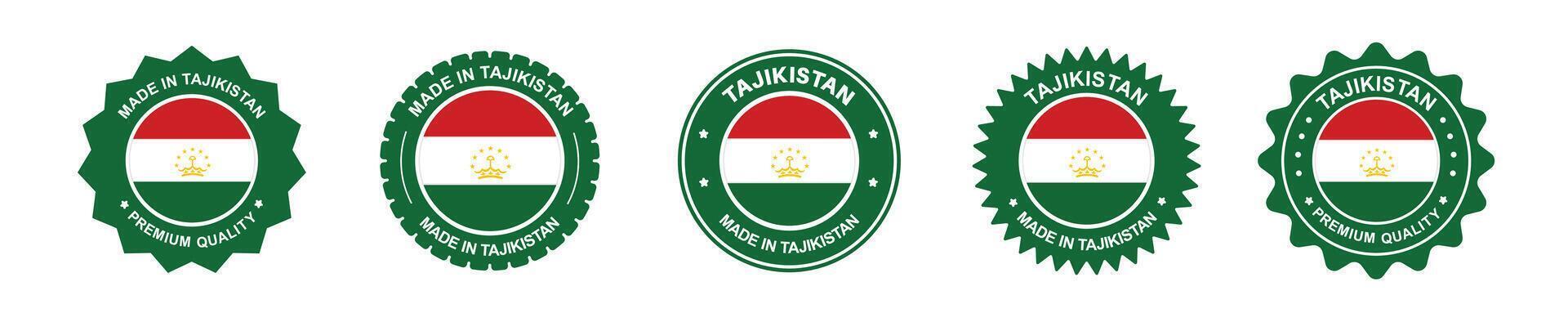 tajikistan product label set. Tajikistan flag, premium made in Tajikistan . Labels, seals, stamps, flags, icons vector