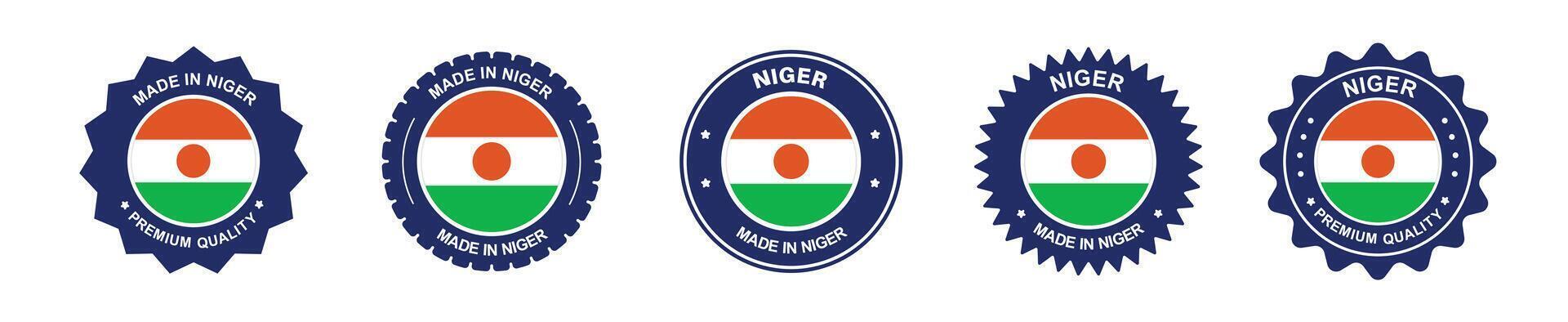 niger product label set. niger flag, premium made in new niger . Labels, seals, stamps, flags, icons vector