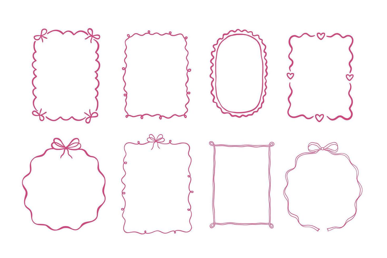 Cute hand drawn frame with ribbon and bow for wedding card or valentine menu. Pink whimsical border and decorative line by coquette doodle style. Perfect bachelorette party invitations vector