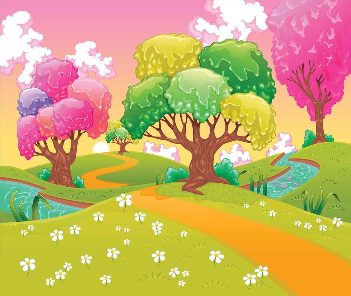 Colorful cartoon trees with a pathway vector