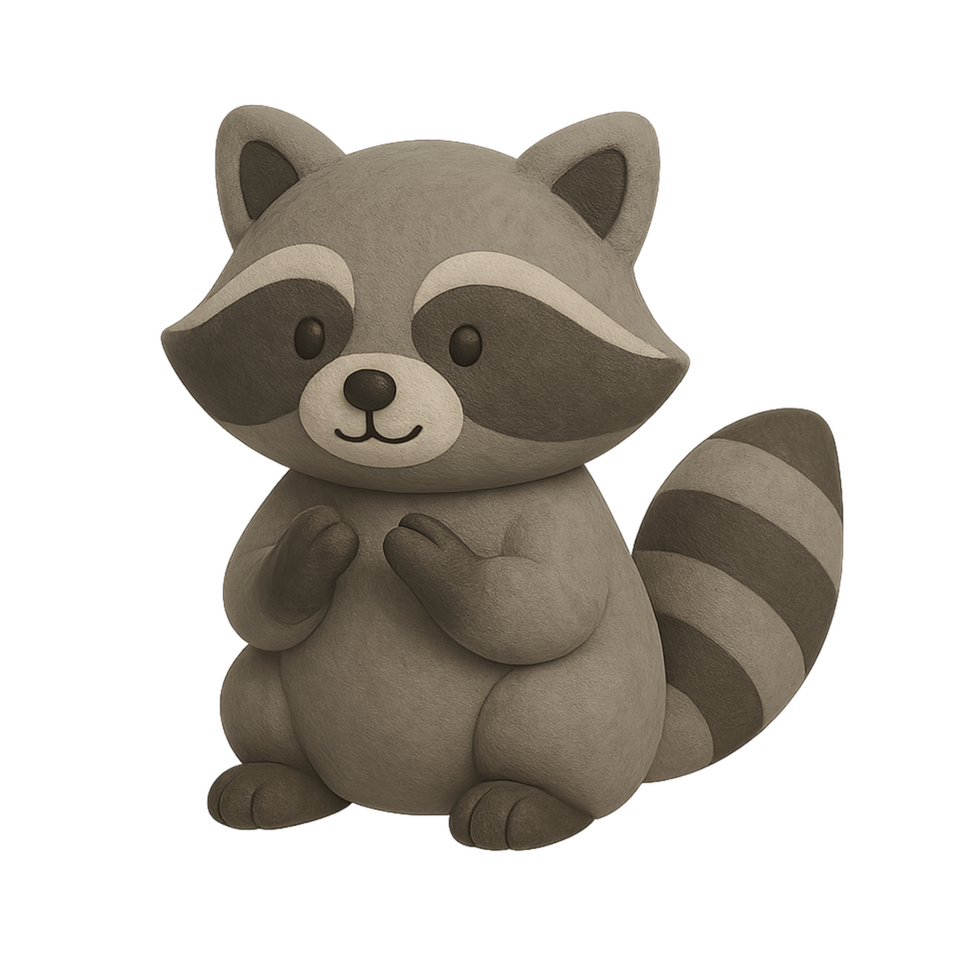A raccoon figurine sitting on its hands png