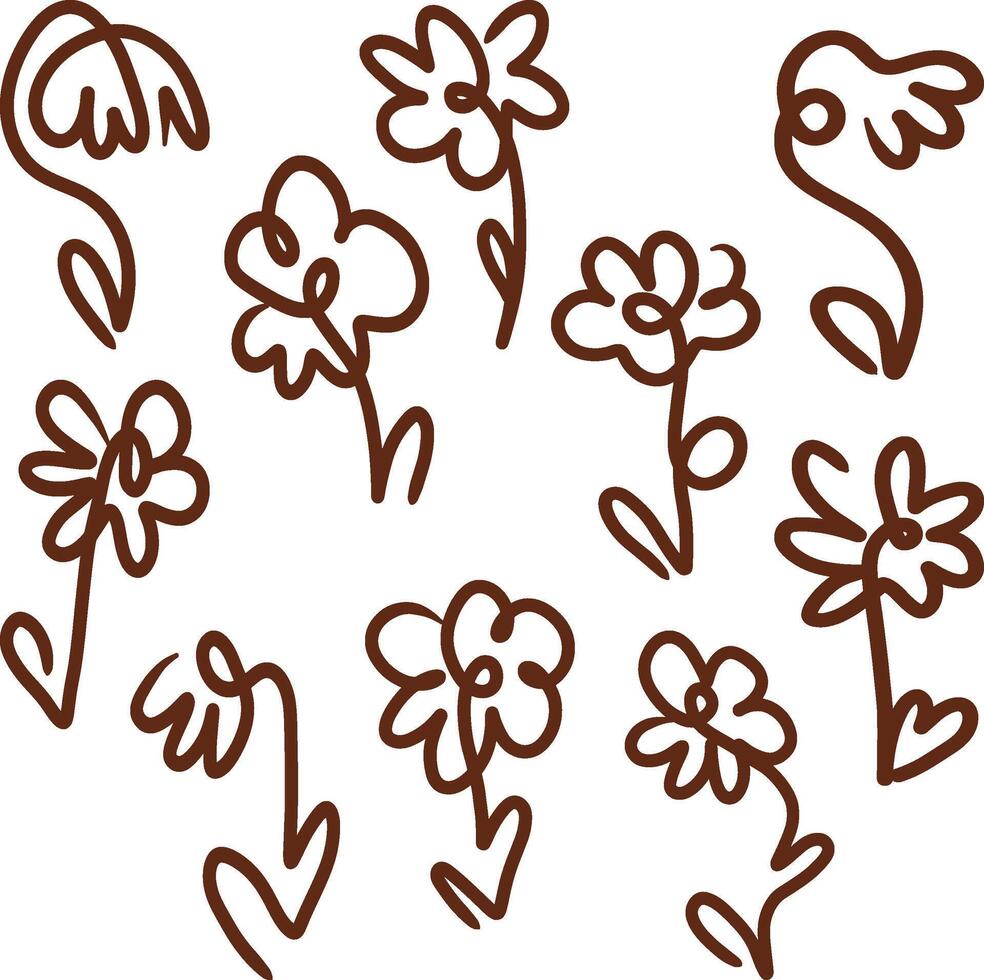 Hand drawn flower doodles in brown outline vector