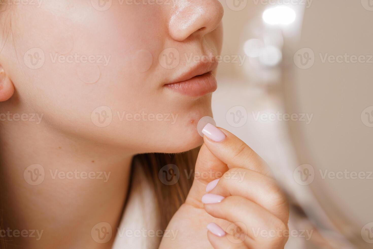 Young Woman Applying Round Acne Patches for Skin Care and Pimple Treatment Closeup on Face photo