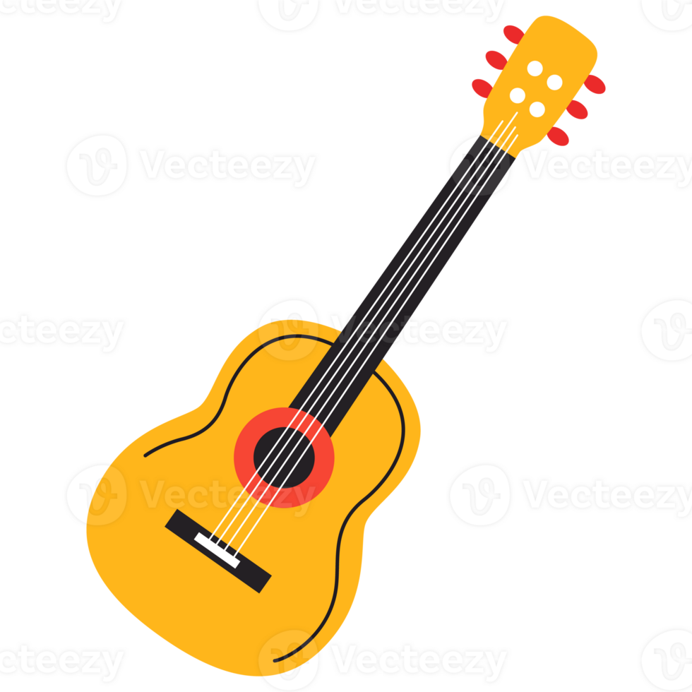 2D acoustic guitar design in bright yellow, featuring playful and simple style, great for kids' music content or fun graphics. png