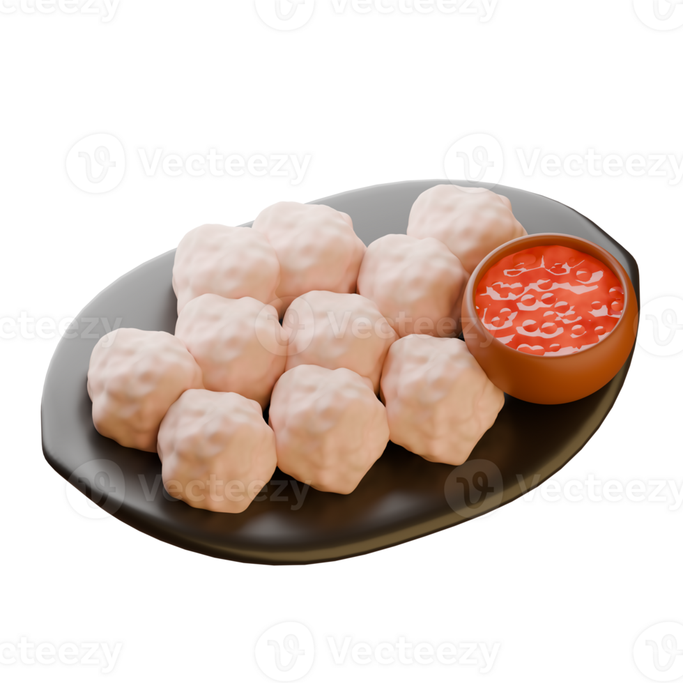 3D Street Food Pentol on Plate with Red Chili Dip png