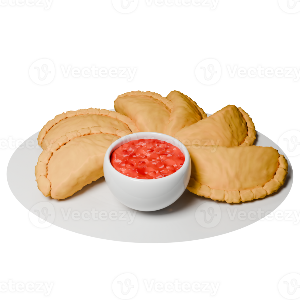 3D Pastel Snacks with Spicy Red Sauce on Plate png