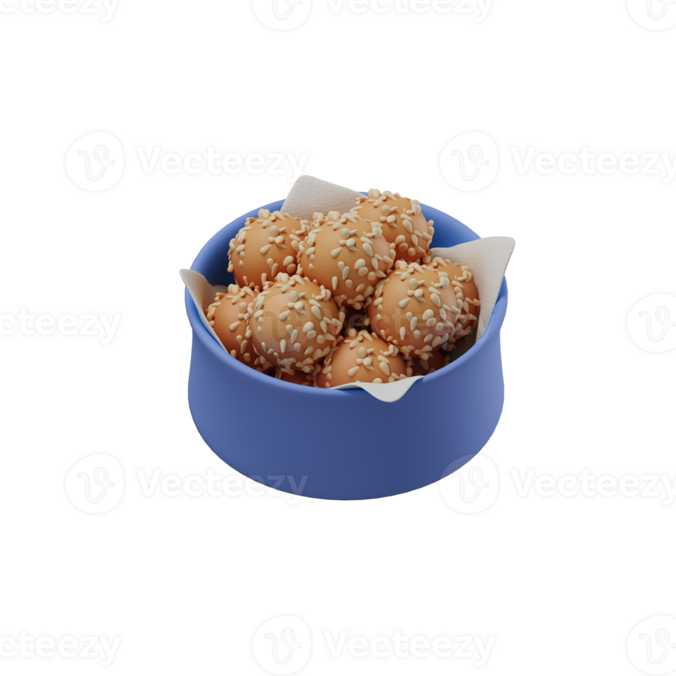 3D Onde-Onde Sesame Balls in Blue Bowl png