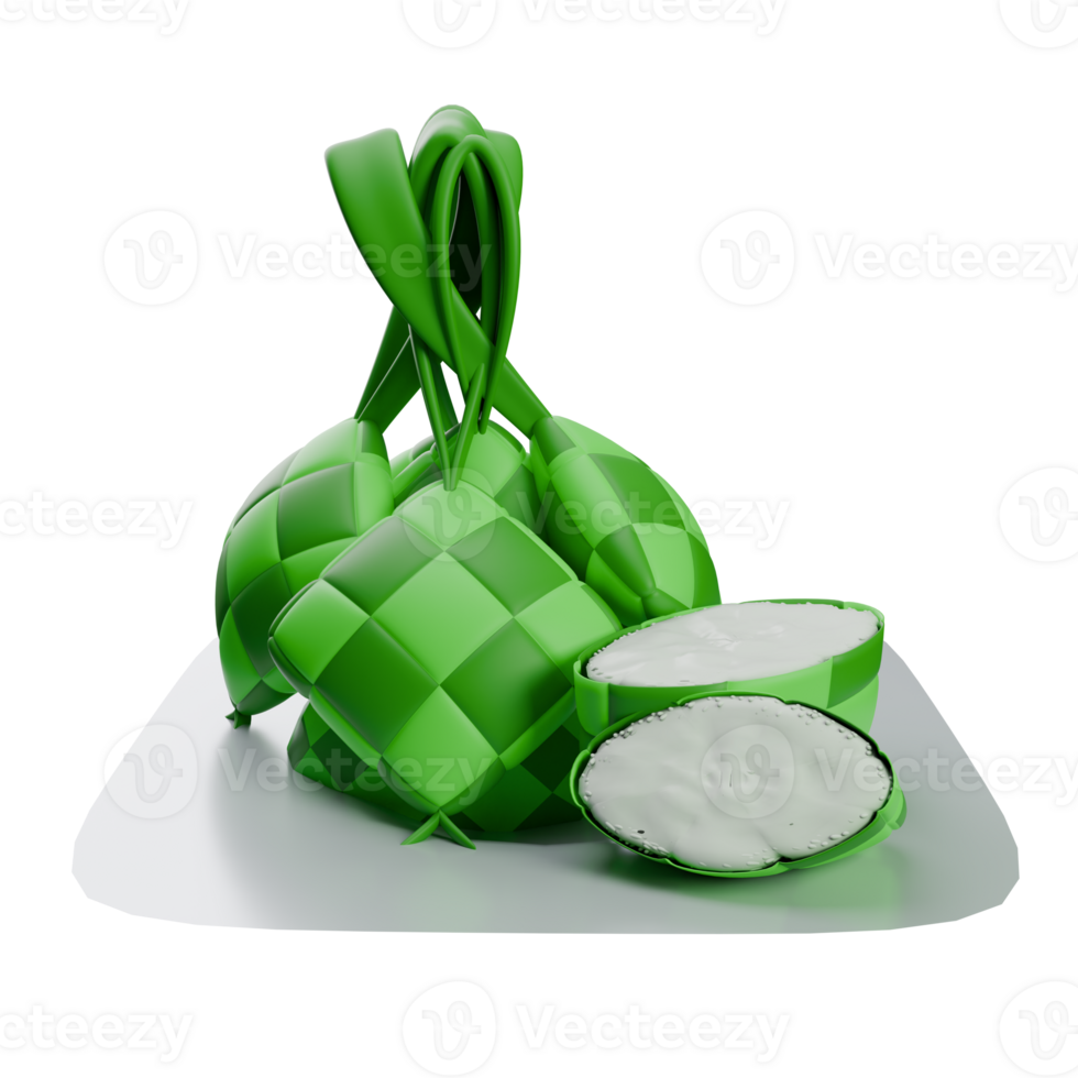 3D Ketupat and Coconut Rice on White Plate png