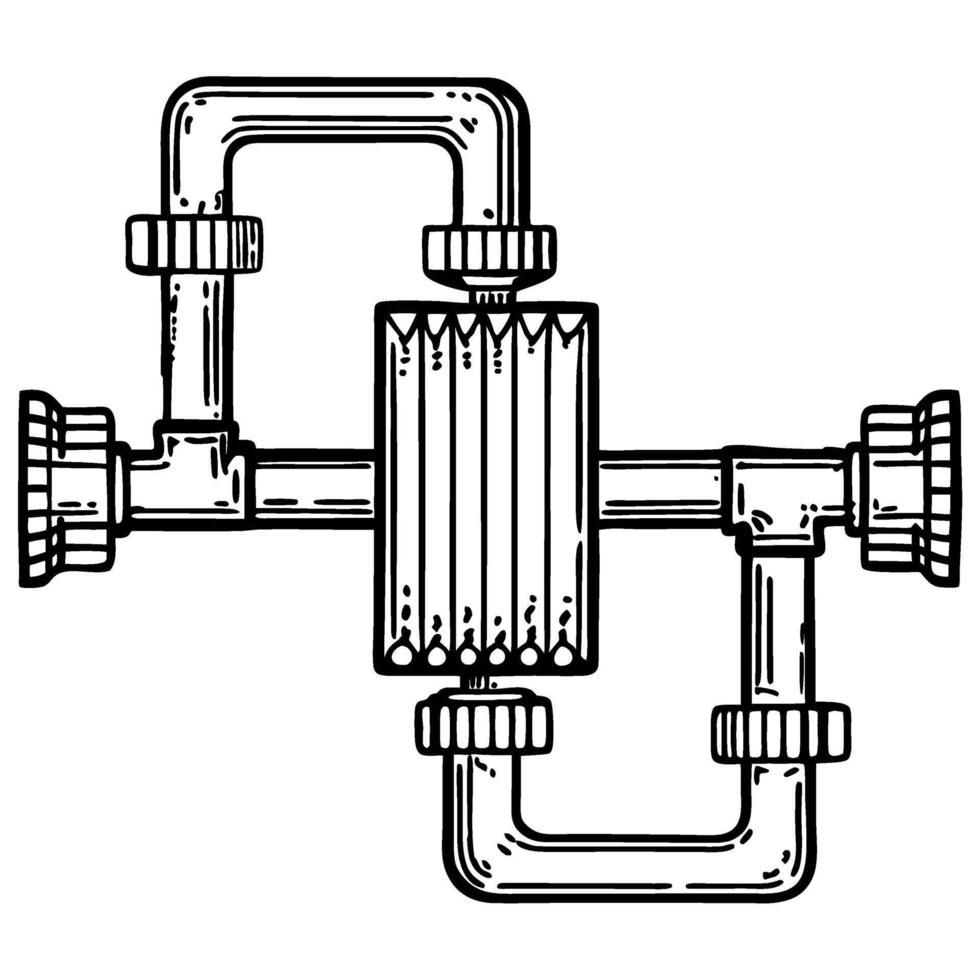 Industrial heat exchanger system with metal pipes, valves and connectors mechanical engineering component illustration vector