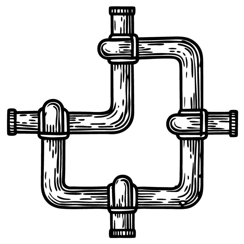 Intersecting metal pipes connection in square shape industrial plumbing, pipeline fitting, engineering structure vector