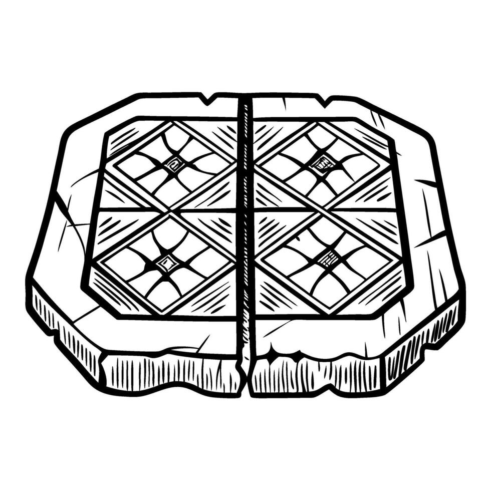 Ancient carved stone tablet with decorative geometric patterns and central crack, isolated illustration vector