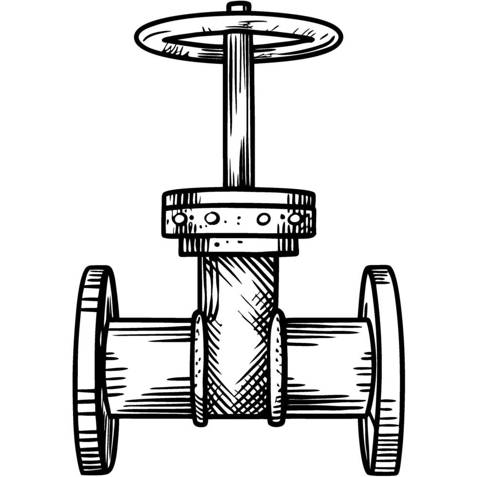 Industrial metal valve handwheel mechanism, isolated detailed vintage illustration of plumbing pipe component vector