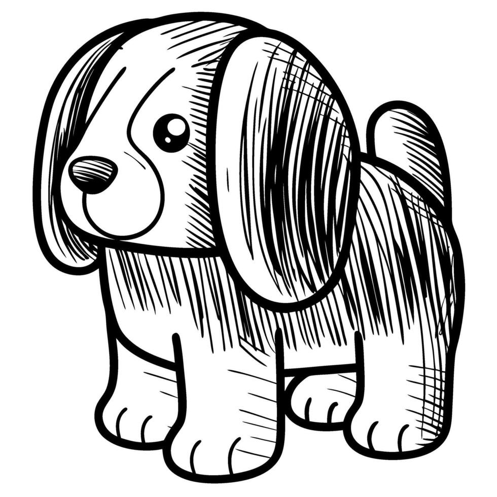 cute puppy illustration, hand drawn playful black and white dog sketch for children, pets, animal themes vector