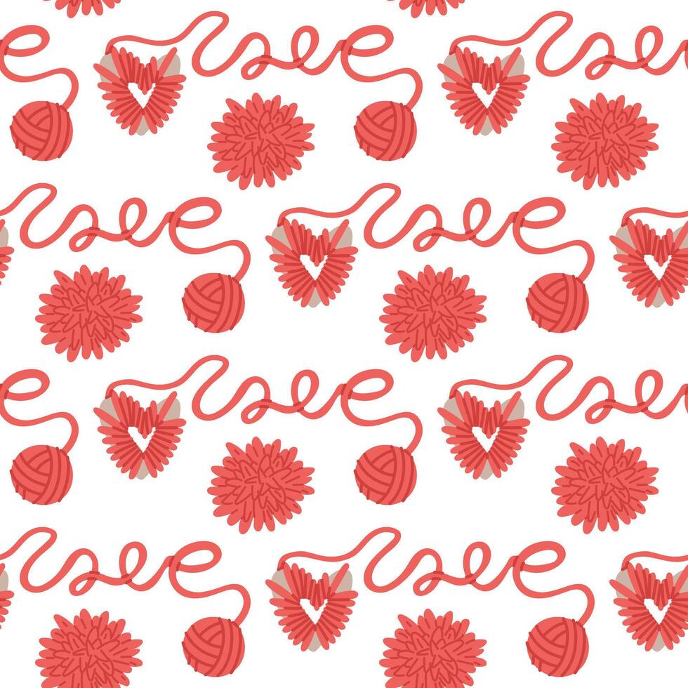 Pompom making pattern with love. thread wound on heart, ball of thread wrote the word. seamless flat colored texture. Love for hand-knitting. Packaging design for a yarn store, people who knit. vector