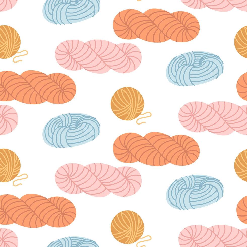 bright flat pattern depicting balls of yarn in various shades of blue, pink, orange, and yellow on white background. Theme knitting. Perfect for decorating textiles or handicrafts. Packaging branding vector