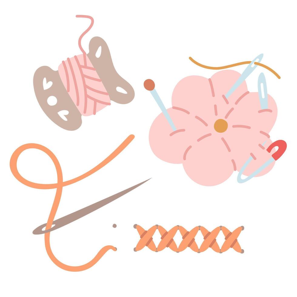 set of needlework illustrations with pins, threads wound on a carved base, and a cross-stitch pattern with a needle on a white background. Tools for sewing, handicrafts, hobbies, and workplace crafts. vector