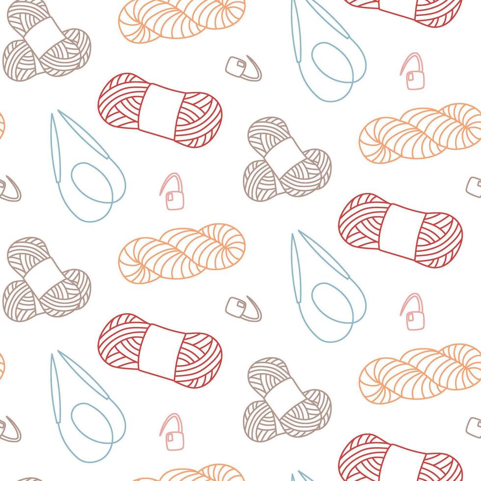 Pattern knitting. variety of yarn balls, looped needles, and colored outline pin on a white background. creative flat, seamless design showcasing colorful hand-knitted items. colorful doodle with love vector