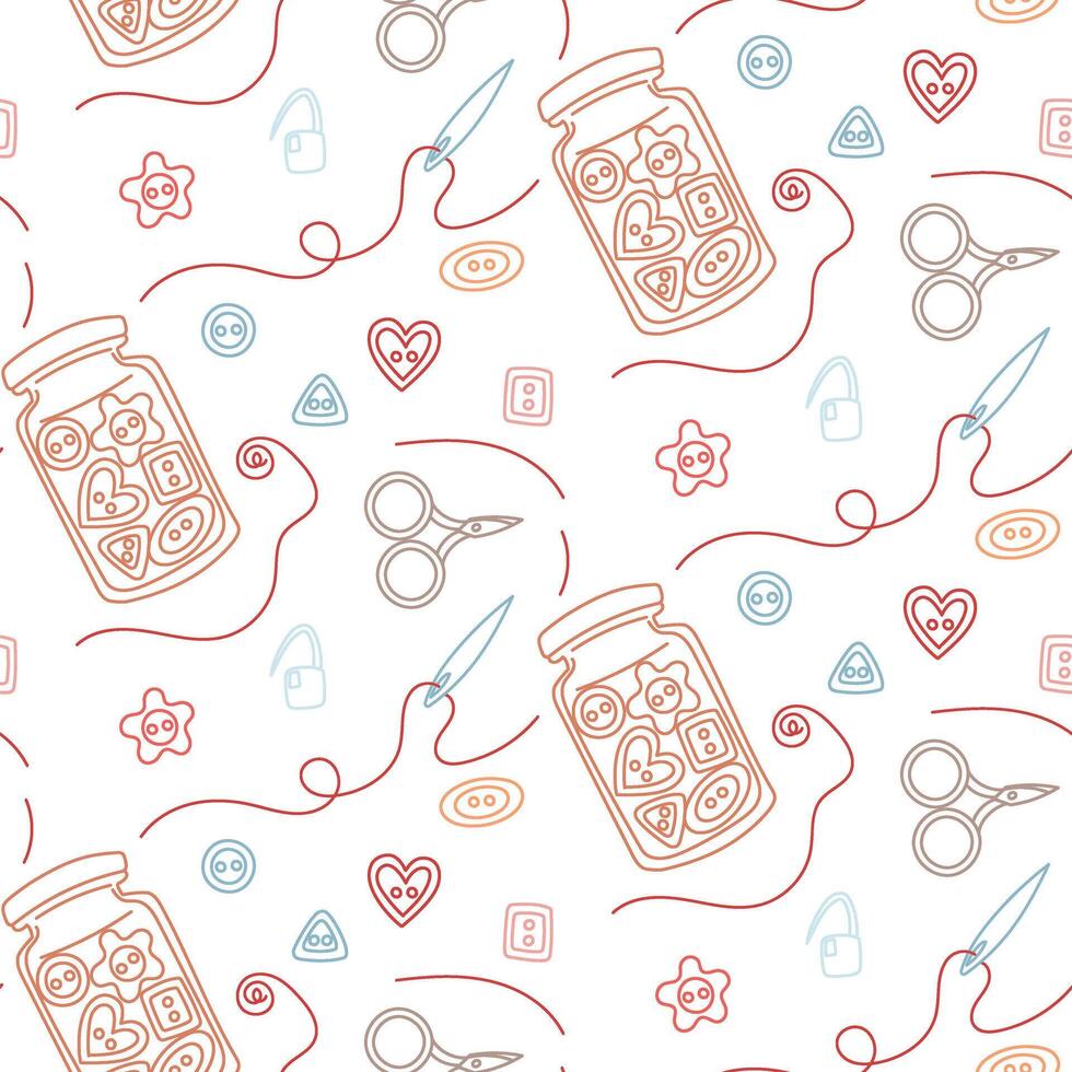 Sewing pattern. Glass jar with buttons, scattered, needle and thread, scissors in colored outlines on white. Creative flat seamless design showcasing colorful handmade sewing. Colorful doodle cozy vector