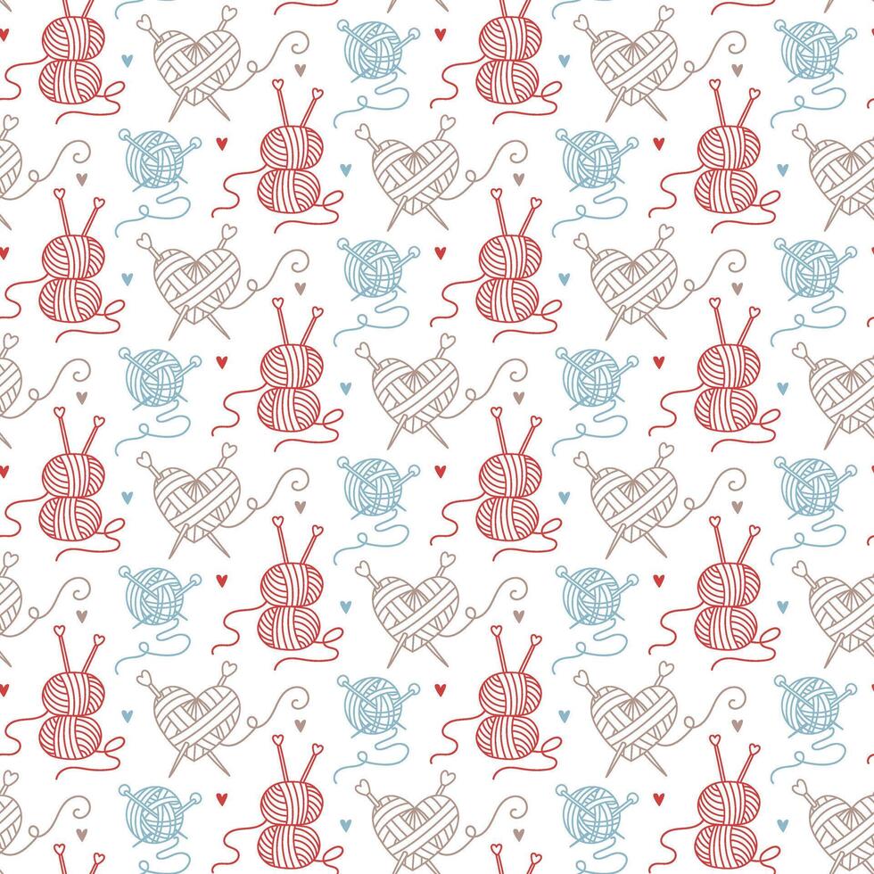 Pattern knitting. Various balls of yarn with knitting needles in different colored outlines on a white. creative flat, seamless design showcasing colorful hand-knitted items. colorful doodle with love vector