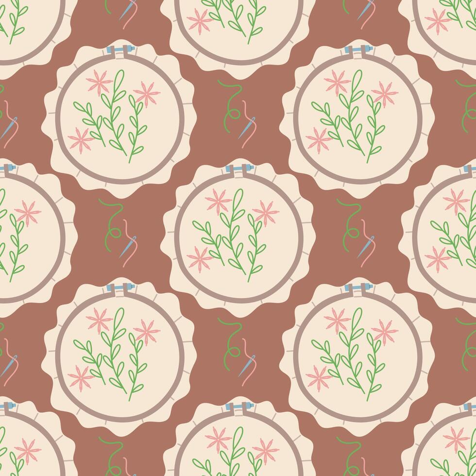 Seamless pattern of round embroidery hoops with fabric, embroidered flowers with a needle and thread on dark. Seamless flat color texture. packaging that supports the concept of needlework. handmade vector