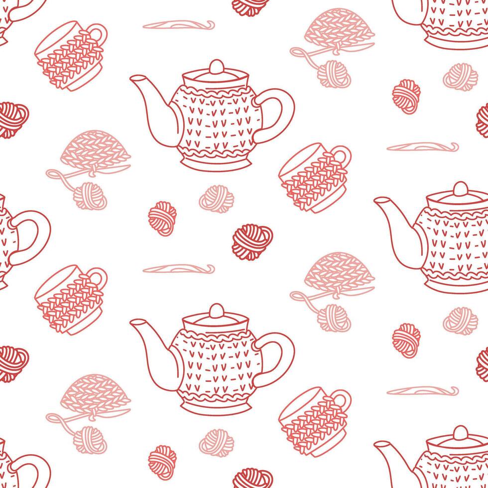 Knitting pattern for coziness. teapot, cup in mini sweaters, crocheted in colored outlines on a white. creative flat, seamless design showcasing colorful hand-knitted items. colorful doodle with love vector