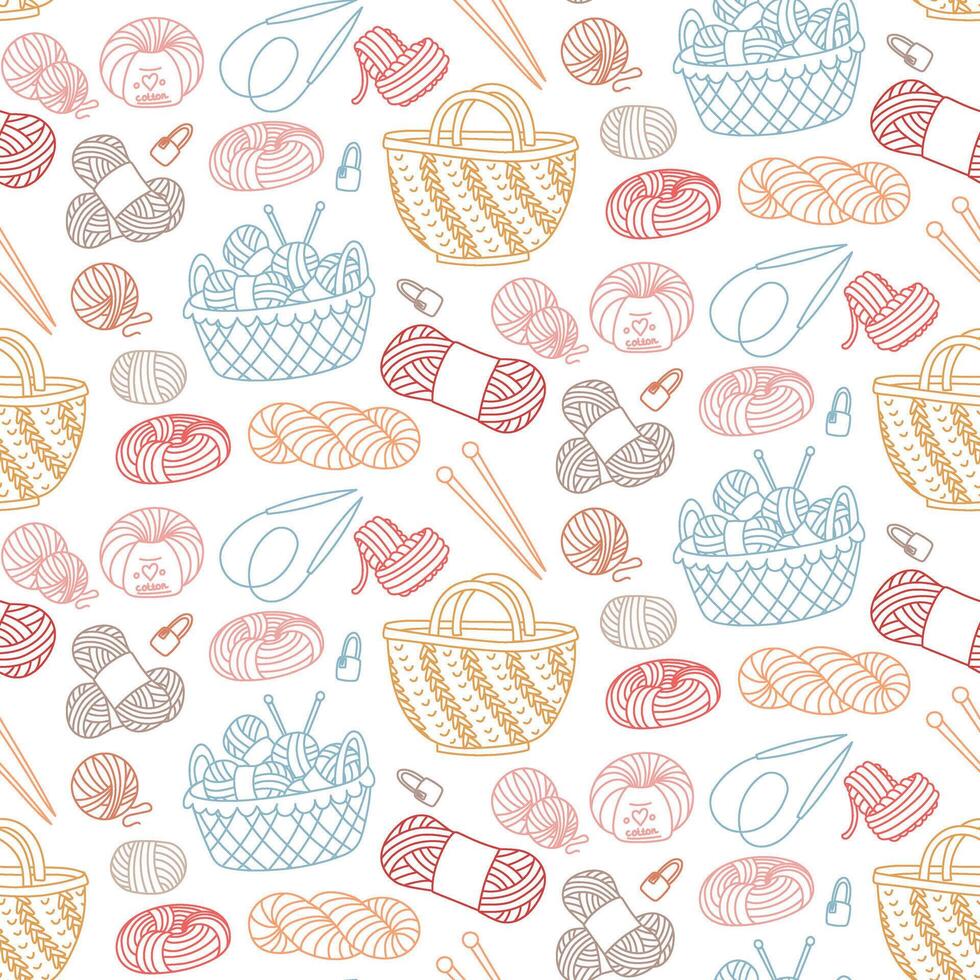 Pattern in the knitting theme. Bag, balls of yarn in a basket, knitting needles, heart doodle outline on a white. Creative flat seamless design for packaging, branding of knitted items. Made with love vector