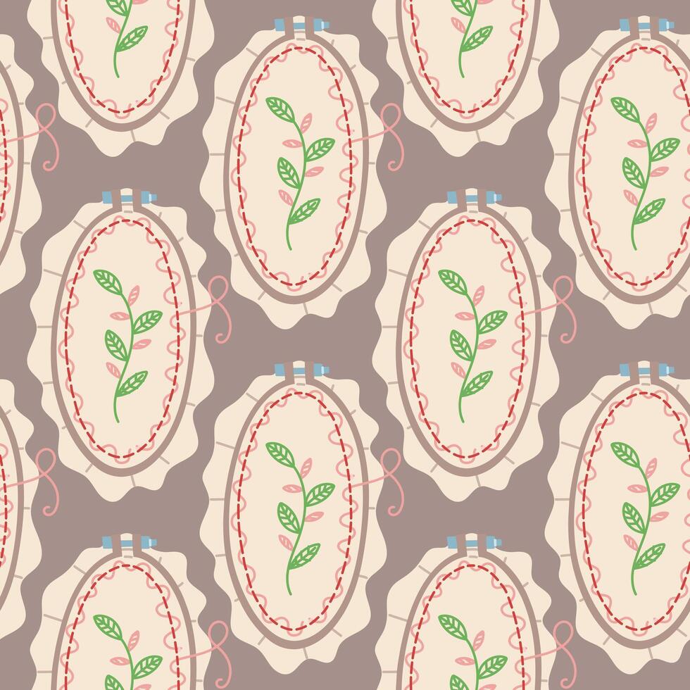 Seamless pattern of oval embroidery hoops with fabric and embroidered flowers on dark background. Seamless flat color texture. packaging that supports concept of needlework. handmade, made with love vector