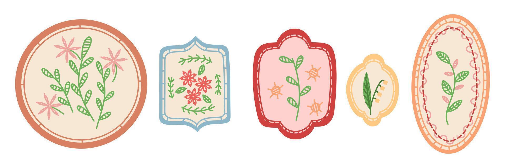 set of unusual frames with embroidered branches and flowers on canvas. flat color illustration. finished handmade product. An illustration made in graphics. An isolated. hand-embroidered item. vector