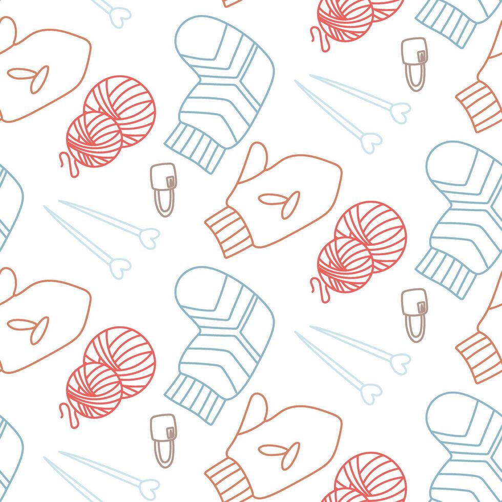 Pattern with mittens, socks, balls of yarn, knitting needles, colored outline pins on white background. Creative flat, seamless design showcasing colorful hand-knit items. Multicolored doodle elements vector