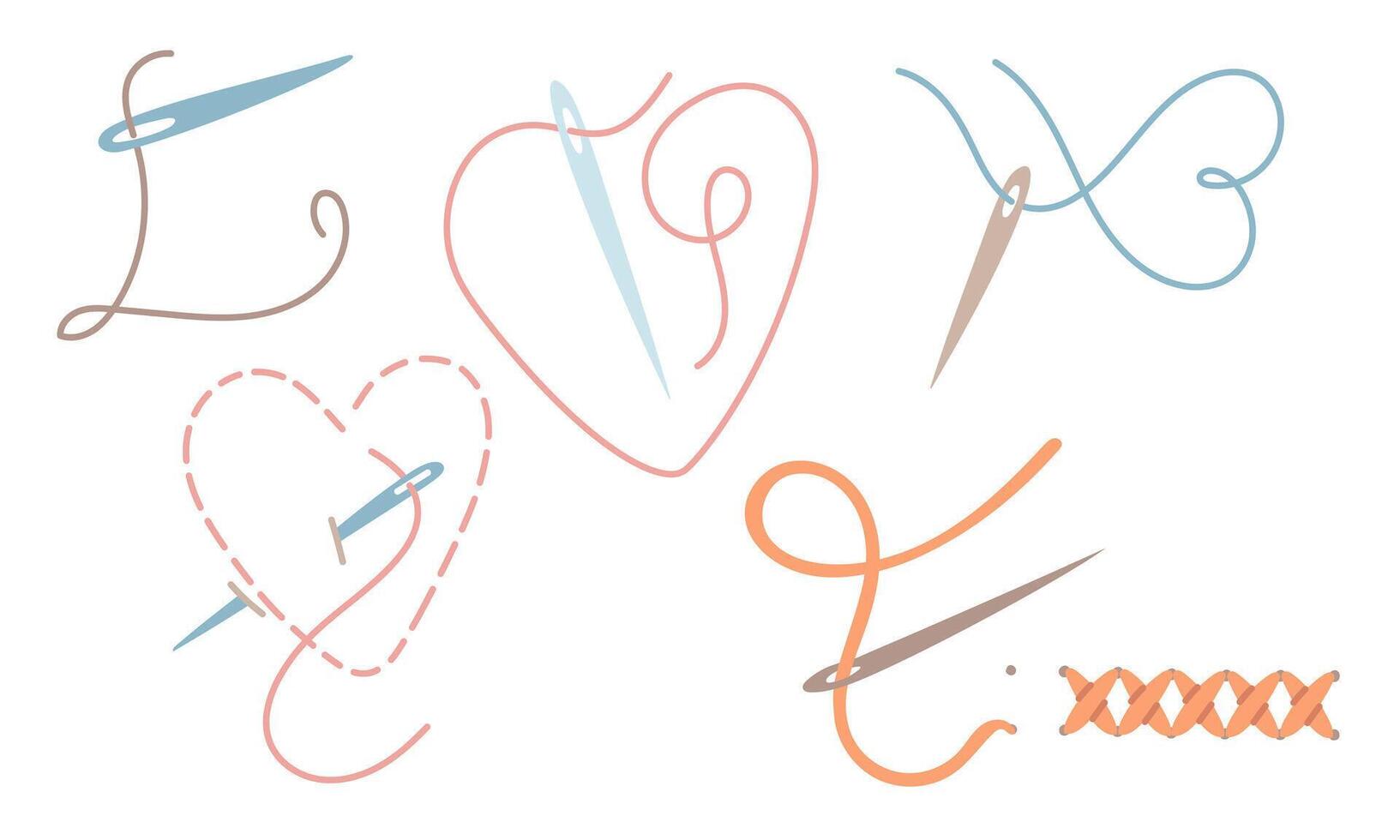 set of sewing needles with colored threads in different positions. line of love. Love for sewing, embroidery, handicrafts. flat color illustration. hobby, creative activity, profession, symbol of love vector