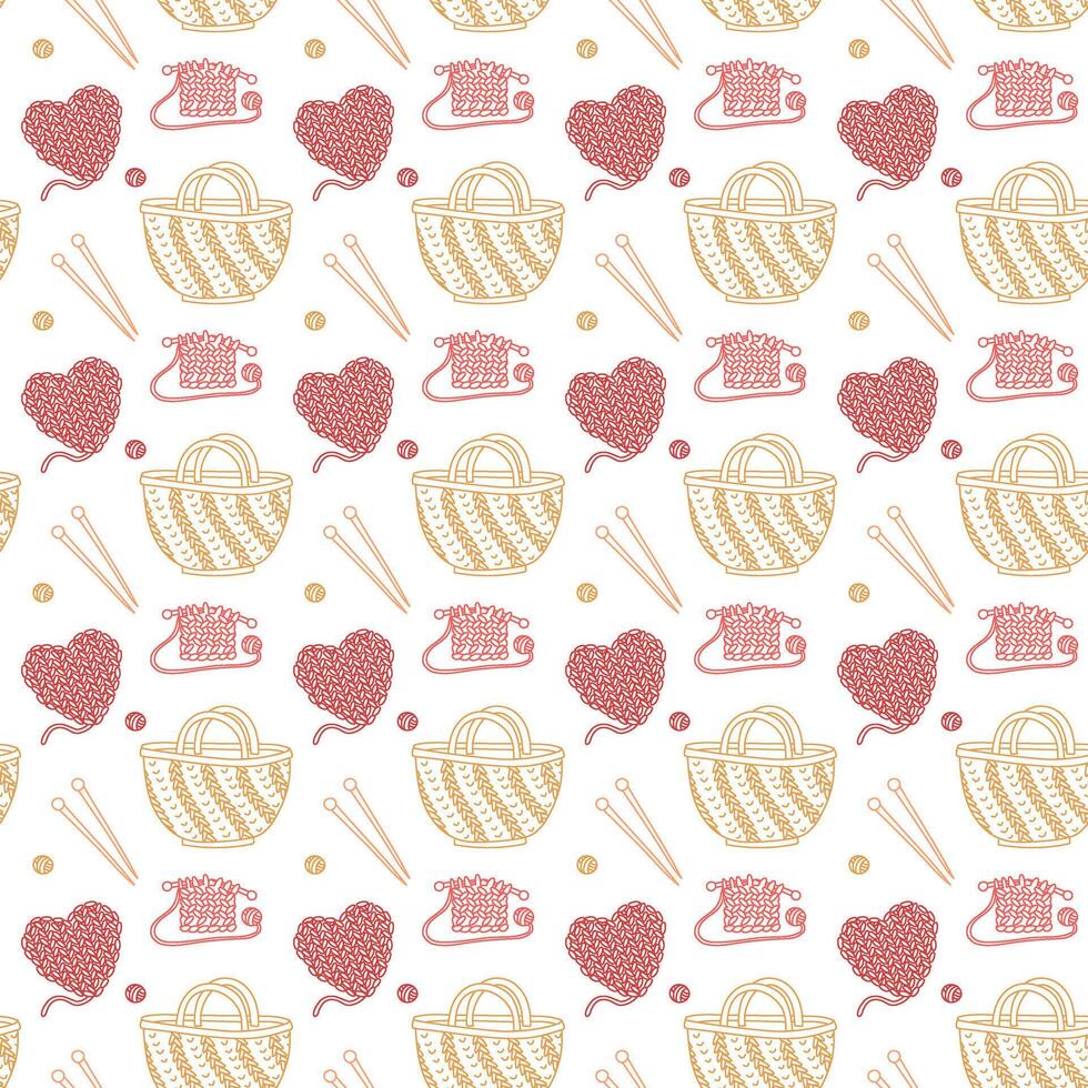 Pattern in the knitting theme. Bag, yarn balls, knitting needles, knitted heart, scarf in the doodle outline on a white. Creative flat seamless design for packaging, branding of knitted items vector