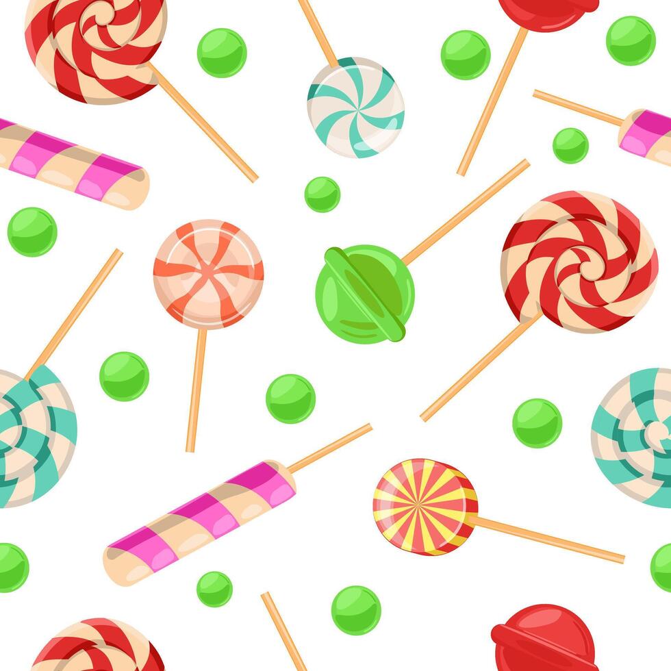Bright colored lollipopon white background. Sweet dessert for kids. Candy on a stick seamless pattern. Pink, blue, yellow spiral ball. Seamless background with pattern vector