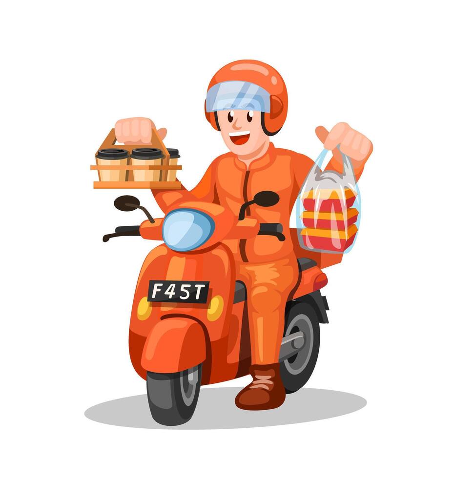 Courier Biker Delivering Food Cartoon Illustration vector