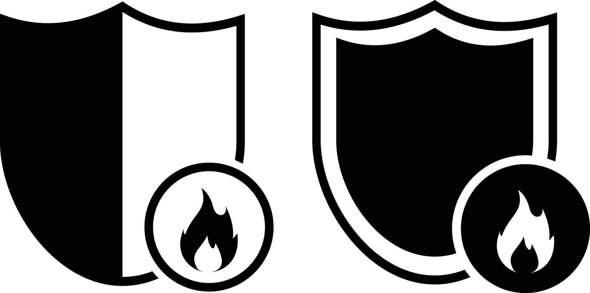 Shield with fire icon set. Heat resistant sign. Fire resistance. Shield with fire, isolated on white background. illustration vector
