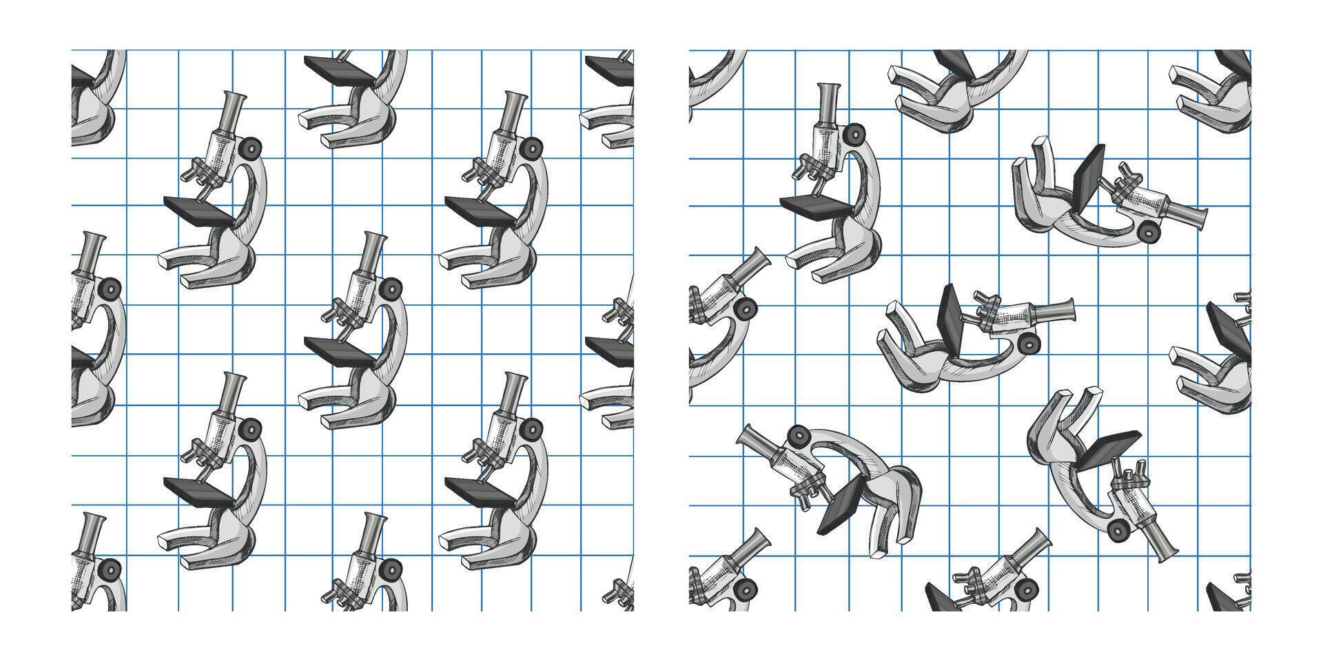 Hand drawn vintage seamless pattern of scientific microscope on squared paper sketch style vector