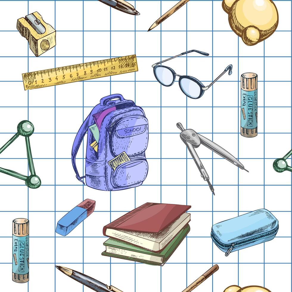 School supplies pattern including backpack and books vector