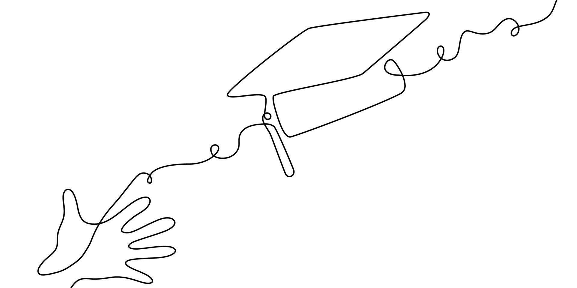 Cap line hat continuous university education icon illustration college study student. School cap hat outline one hand linear book certificate graduate silhouette academy tassel degree grad day. vector
