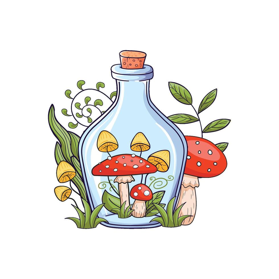 Mushrooms in a glass bottle illustration vector