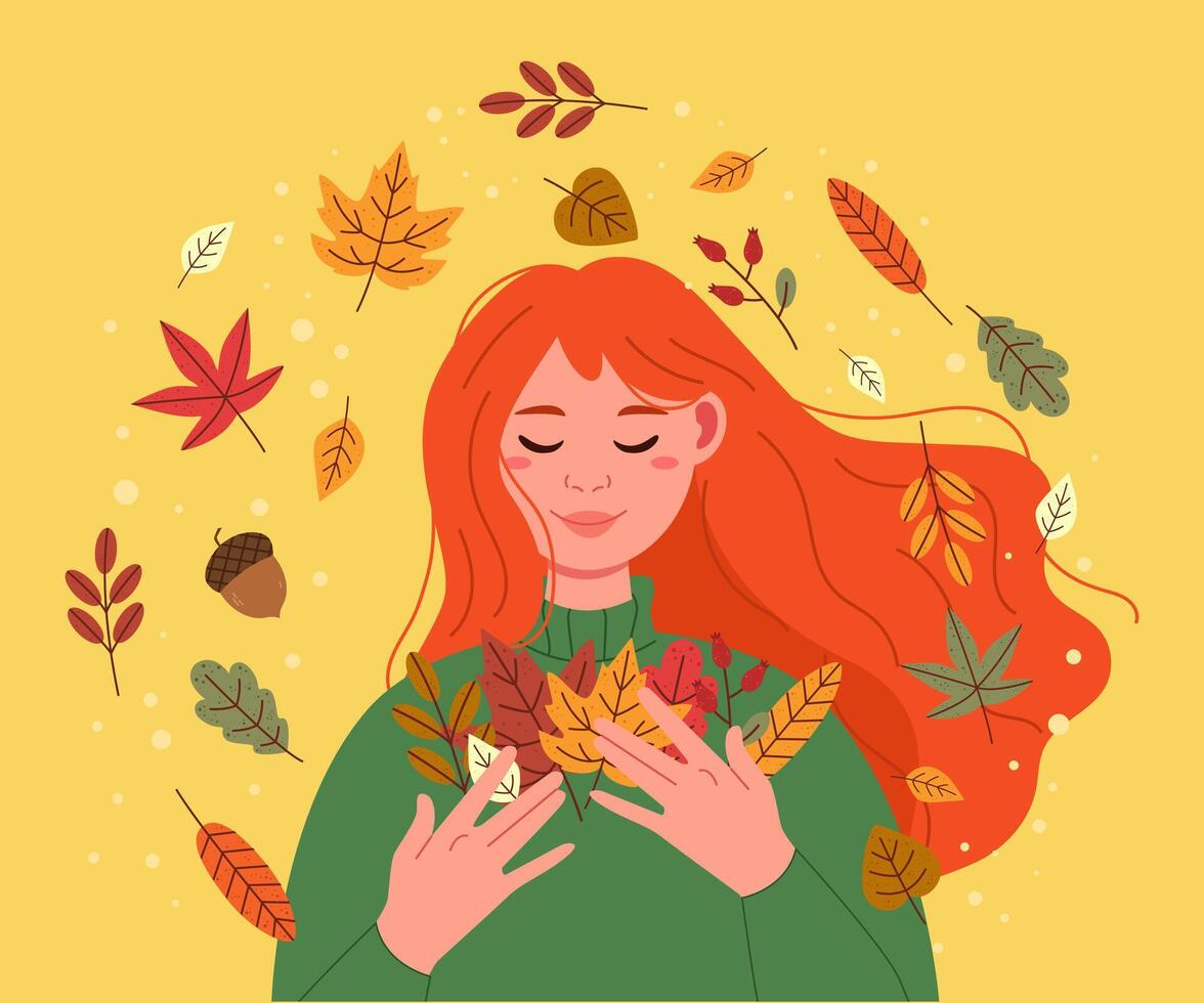 Woman with autumn leaves in hands vector