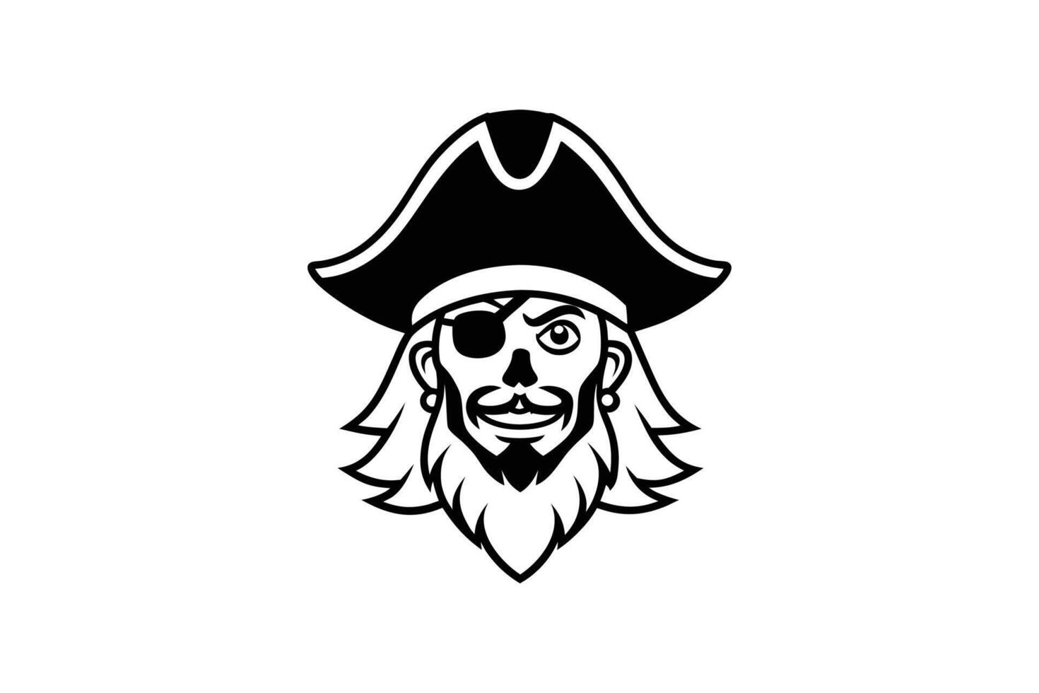 Cartoon Pirate Face with Eye Patch and Hat Black and White Illustration of a Buccaneer Silhouette white illustration cartoon pirate face vector
