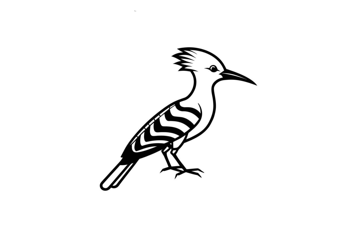 Elegant Hoopoe Bird Illustration with Distinctive Crest and Striped Body Feathers in a Striking Black and White Silhouette Style silhouette stylized vector