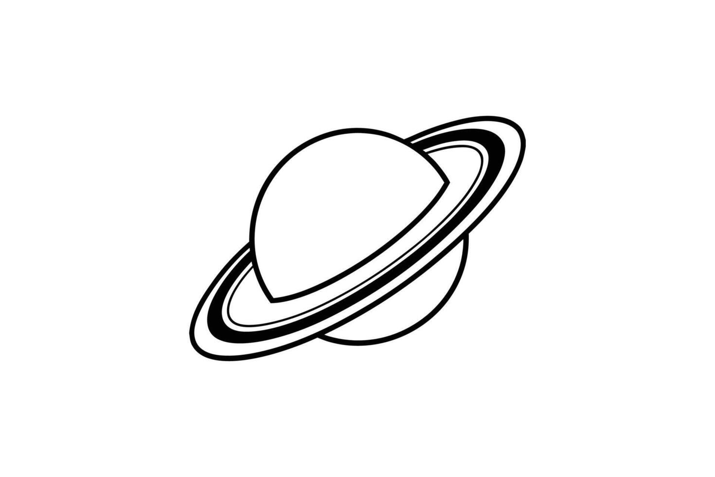 Simple Black and White Line Drawing of Saturn with Rings Orbiting the Planet in a Minimalist Style on a White Background vector