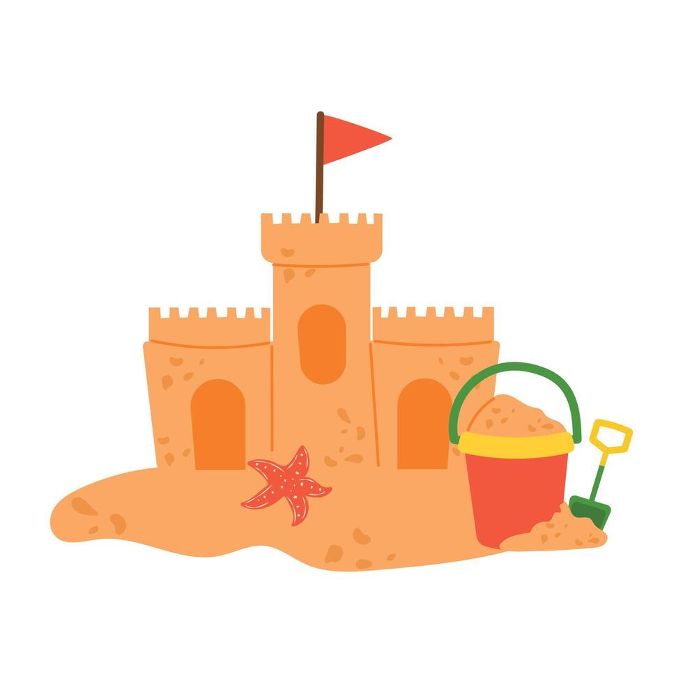 Sand castle with turret and flag on sand with starfish and childrens bucket vector