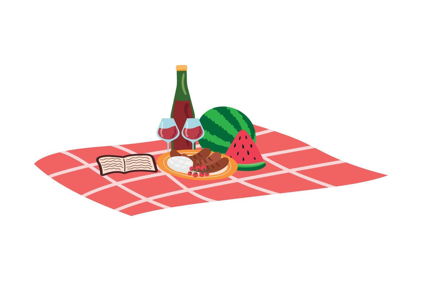 Picnic. illustration of picnic blanket with snacks, bottle of wine, glasses vector
