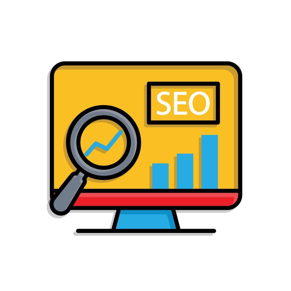 Marketing icon. SEO. Chart going up on a computer screen with a magnifying glass. Branding, strategy, digital. Isometric design style. vector
