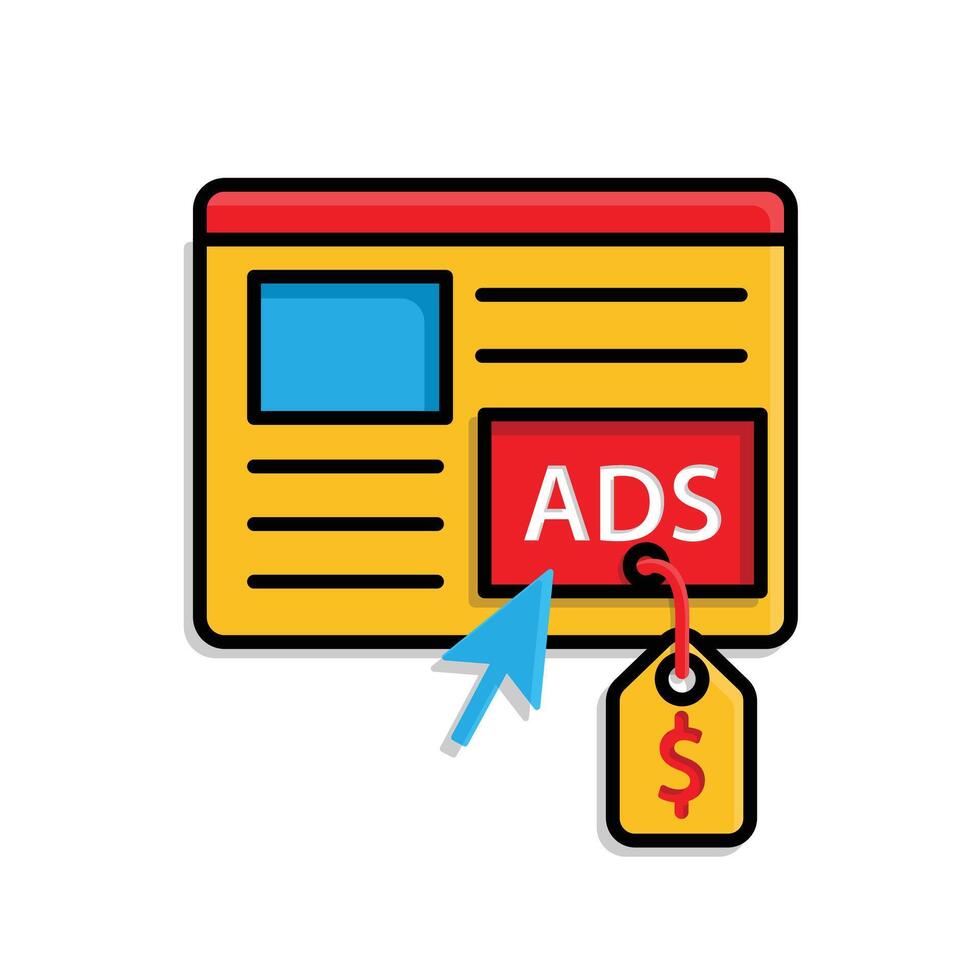 Marketing icon. Marketing advertising. Web with ads and click cursor. Branding, strategy, digital. Isometric design style. vector